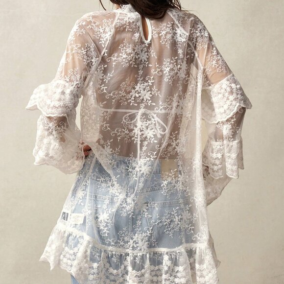 White Boho Casual Women's Long Sleeve Mini Dress - Picture 2 of 8